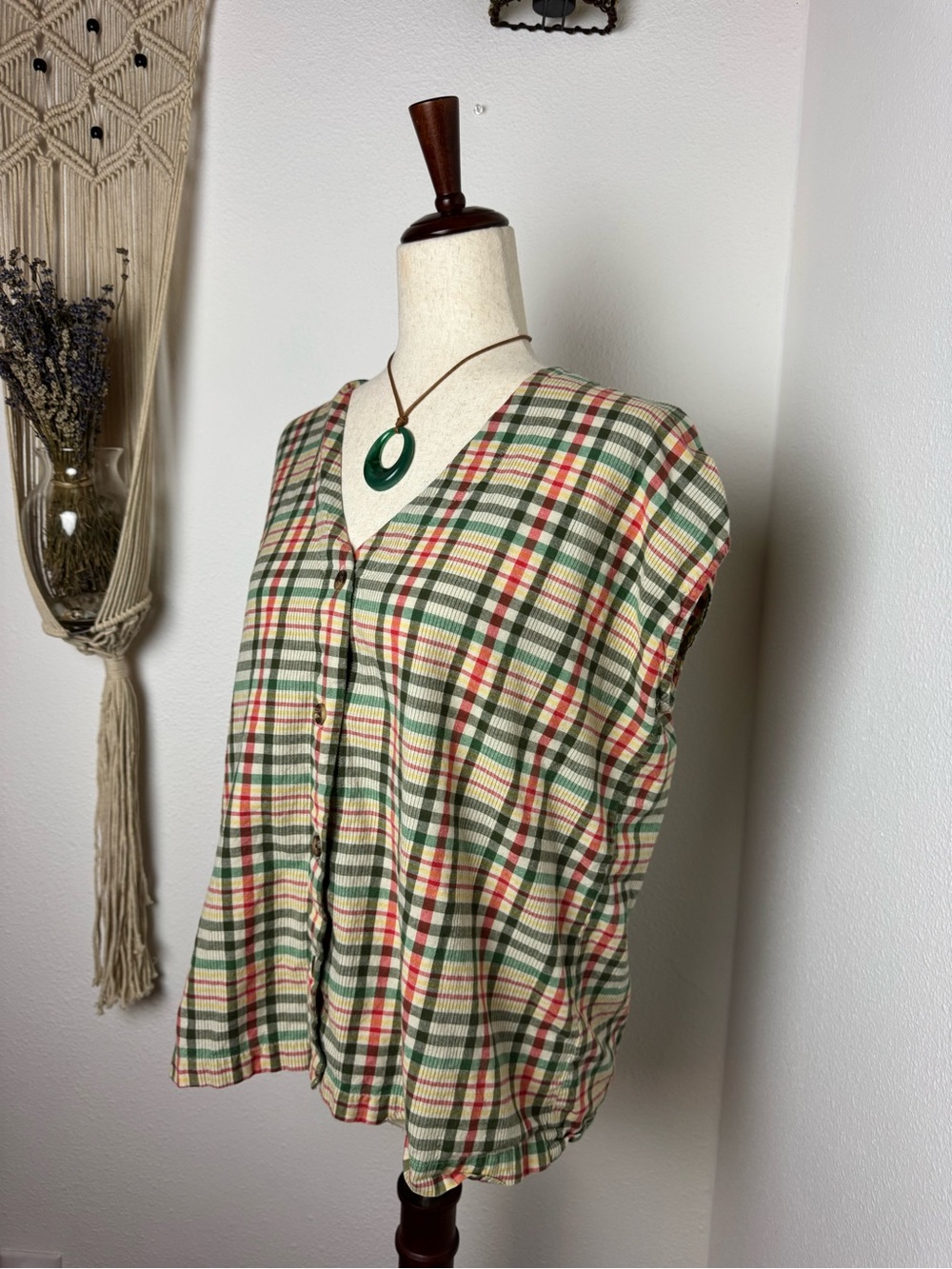 Women’s Plaid Button-Front Blouse in Green and Cream - Picture 2 of 6